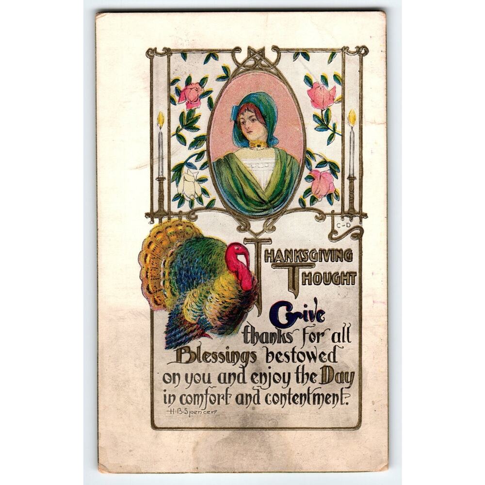 Vintage Spencer Thanksgiving Lithograph Postcard with Turkey & Woman Portrait